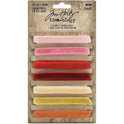 Velvet Trims - Warm Colours (pinks, yellows, reds) ... Tim Holtz Idea-Ology Trimmings. 7 (seven) colours, each approx 8mm wide, 1 yard (90cm) long.

Tim Holtz Velvet Trims are 90cm long lengths of soft and luxurious faux velvet trimmings in a beautiful range of colours the compliment the Tim Holtz Distress Ink Range. Each is approx 8mm wide and beautifully finished with thick plush velvet one side, smooth flat on the back with professionally finished edging.