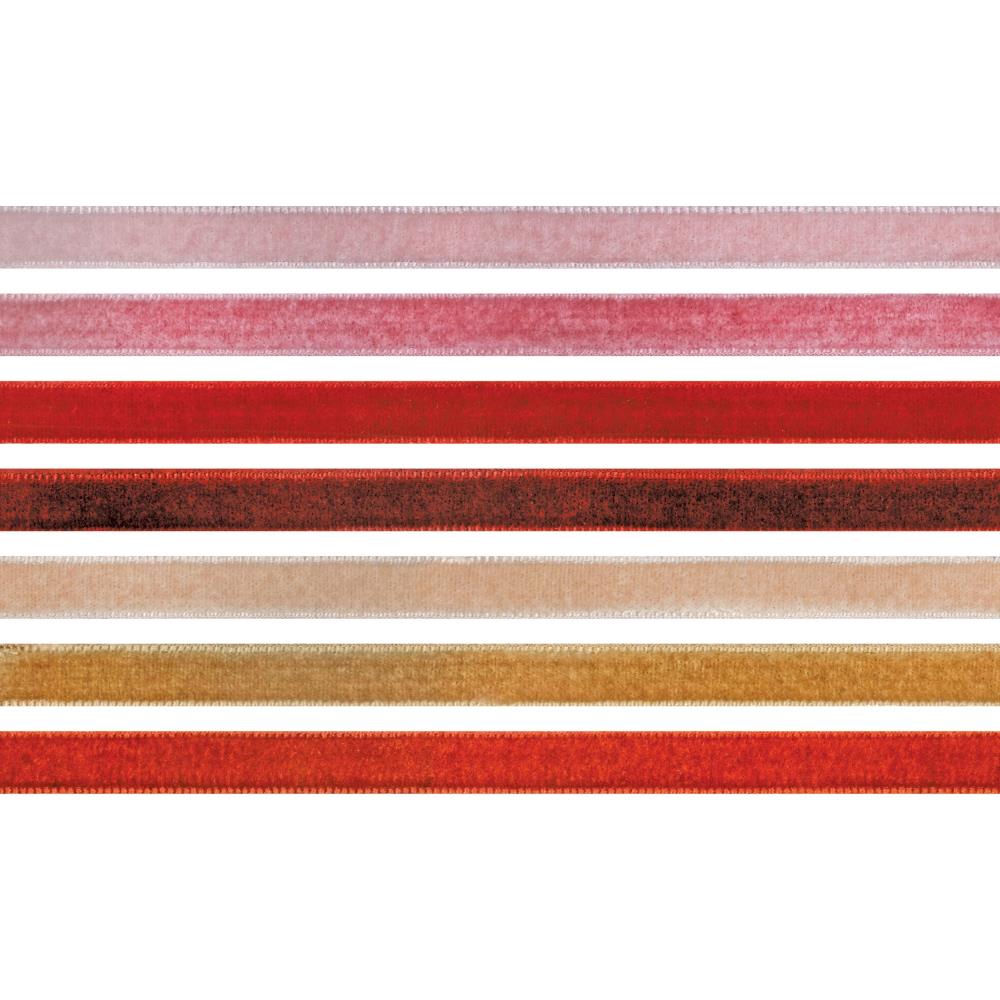 Velvet Trims - Warm Colours (pinks, yellows, reds) ... Tim Holtz Idea-Ology Trimmings. 7 (seven) colours, each approx 8mm wide, 1 yard (90cm) long.

Tim Holtz Velvet Trims are 90cm long lengths of soft and luxurious faux velvet trimmings in a beautiful range of colours the compliment the Tim Holtz Distress Ink Range. Each is approx 8mm wide and beautifully finished with thick plush velvet one side, smooth flat on the back with professionally finished edging.