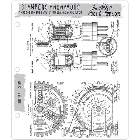 Inventor (set 7) - Gearing and Lightbulbs ... by Tim Holtz and Stampers Anonymous (cms374). Blueprint style designs featuring the open view of cogs and gears with a pair of vacuum tube lightbulbs. Set includes 2 (two) designs for creating journal pages, scrapbooking, art, cards, tags, mixed media, visual arts and papercrafts. Tim's Inventor series of stamps features detailed illustrations with notations, figures, captions and various viewpoints including the inner workings of the cogs and wires.