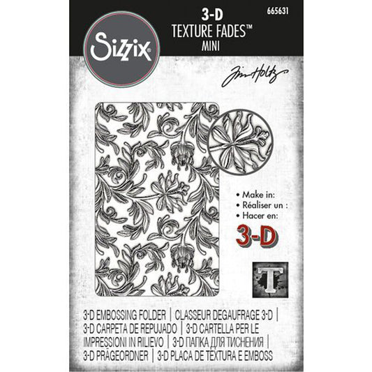 Mini Botanical - 3D Texture Fades Embossing Folder ... by Tim Holtz and Sizzix (no.665631). Embossing Folder with a beautiful stylized floral pattern is (approx) 2 7/8" x 4 1/2"&nbsp; with the hinge at the short edge. Use to create multi-dimensional patterns in paper and cardstock for mixed media, papercrafts and visual arts.&nbsp;

Mini Botanical is a beautiful floral design of stylized flowers and foliage covering the whole surface of the embossing folder. 
