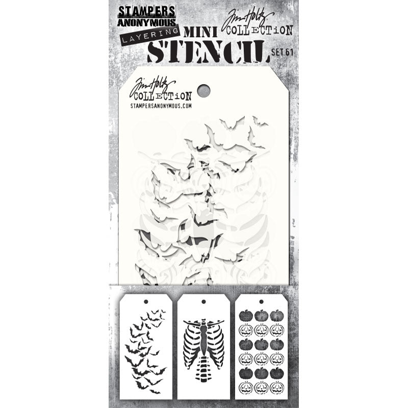 Set 61 - Mini Layering Stencils by Tim Holtz and Stampers Anonymous ... 3 (three) designs (one of each) : Bones, Batty, Jacks Used to create patterns and textures to all kinds of mixed media, visual arts and paper crafts. Overall tag size is 8cm x 16cm (THMS061).&nbsp;

This set of Tim Holtz Mini Stencils includes (one of each design) ...
- Bones ... ribcage and lower spine (dem bones).
- Batty ... flock of flying bats.
- Jacks ... rows of pumpkins.