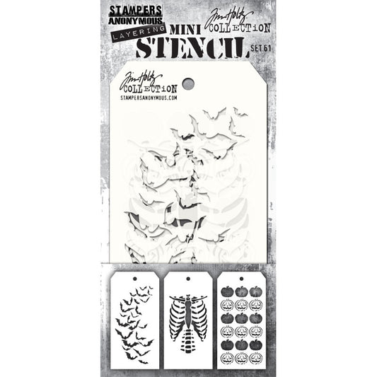 Set 61 - Mini Layering Stencils by Tim Holtz and Stampers Anonymous ... 3 (three) designs (one of each) : Bones, Batty, Jacks Used to create patterns and textures to all kinds of mixed media, visual arts and paper crafts. Overall tag size is 8cm x 16cm (THMS061).&nbsp;

This set of Tim Holtz Mini Stencils includes (one of each design) ...
- Bones ... ribcage and lower spine (dem bones).
- Batty ... flock of flying bats.
- Jacks ... rows of pumpkins.