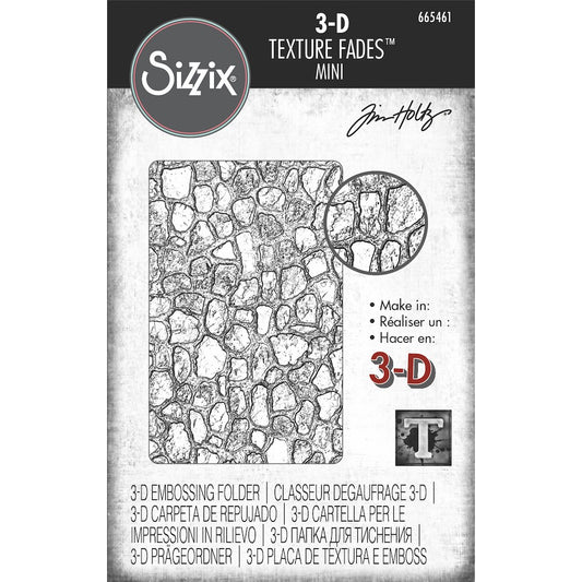 Mini Cobblestones - 3D Texture Fades Embossing Folder ... by Tim Holtz and Sizzix (no.665461). Embossing Folder with a natural stone paving pattern is (approx) 2 7/8" x 4 1/2"&nbsp; with the hinge at the short edge. Use to create multi-dimensional patterns in paper and cardstock for mixed media, papercrafts and visual arts.&nbsp;

Mini Cobblestone is a natural looking footpath or roadway pattern featuring flat stone shapes and grit covering the whole surface of the embossing folder.