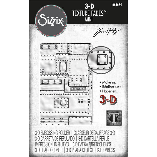 Mini Foundry - 3D Texture Fades Embossing Folder ... by Tim Holtz and Sizzix (no.665634). Embossing Folder with an industrial metal plate pattern is (approx) 2 7/8" x 4 1/2"&nbsp; with the hinge at the short edge. Use to create multi-dimensional patterns in paper and cardstock for mixed media, papercrafts and visual arts.&nbsp;

Mini Foundry is an industrial pattern of metal plates with rows of rivets and bolts covering the whole surface of the embossing folder. 