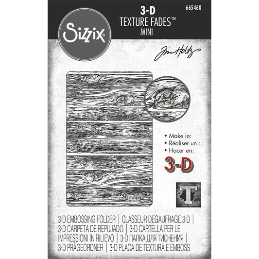 Mini Lumber - 3D Texture Fades Embossing Folder ... by Tim Holtz and Sizzix (no.665460). Embossing Folder with timber slats is (approx) 2 7/8" x 4 1/2"&nbsp; with the hinge at the short edge. Use to create multi-dimensional patterns in paper and cardstock for mixed media, papercrafts and visual arts.&nbsp;

Mini Lumber is a natural looking woodgrain pattern featuring panels of timber covering the whole surface of the embossing folder - the timber slats go across the short length of the folder. 