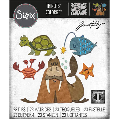 Under the Sea (set 2) ... Colorize Thinlits - Die Cutting Templates by Tim Holtz and Sizzix (no. 665378). Walrus, turtoise, fishing angler fish with his little light, serene starfish and dancing walking crab. A wonderful set of seaside friends to create art with. Make a seaside scene on beach with a walrus, discussing the options of oysters for tea or go for a slow and steady walk, stick starfish to tanks, cut out a heap of crabs to dance either around a ship or hang out on pipes saying 'hey hey'. Have fun!