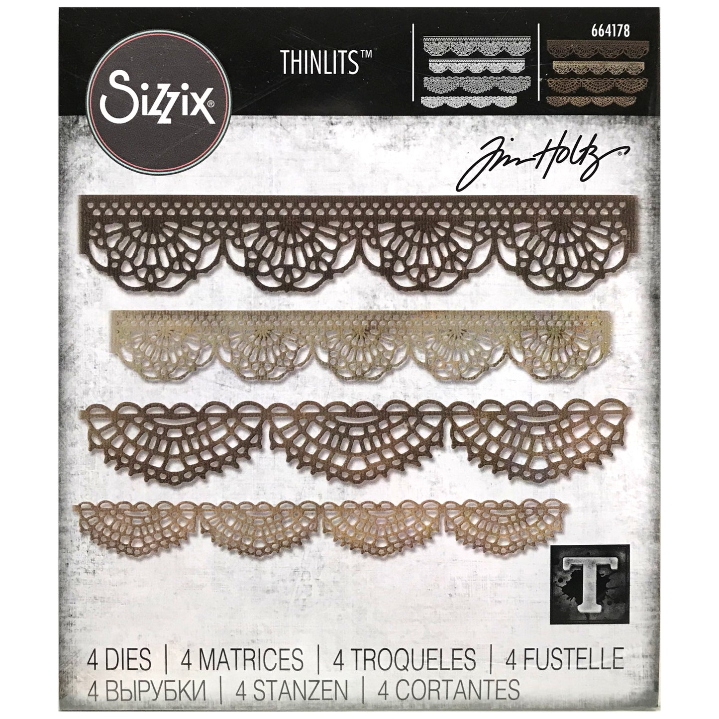 Crochet (set 1) ... Thinlits - Die Cutting Templates by Tim Holtz and Sizzix (no.664178). A wonderful selection of borders and edging to cut out of paper, cardstock and vellum, to create a realistic look of crochet or bobbinlace.

Use these designs for layering and adding dimension for cards, scrapbook pages, journaling, mixed media of all kinds. This template cuts out the elements of the design, without a rectangle cutout, to create long lengths of crochet wherever you stitch!