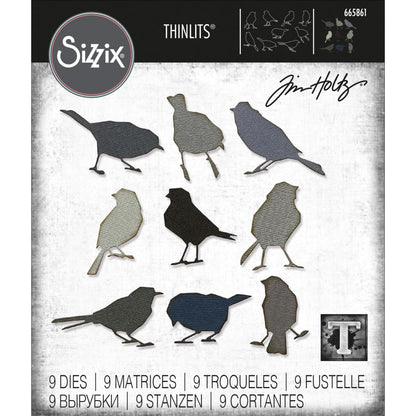 Silhouette Birds ... Thinlits Die Cutting Templates by Tim Holtz, made by Sizzix (no.665861). These designs cut out nine bird silhouettes in the garden variety, like sparrows, spoggies, finches, starlings, blackbirds.

This beautiful flock of birds are the perfect addition to greeting cards, tags, off the page displays, cards, scrapbook pages, art journaling, all kinds of visual arts and papercrafts - use wherever and however you wish. Have fun! Photo of pack.