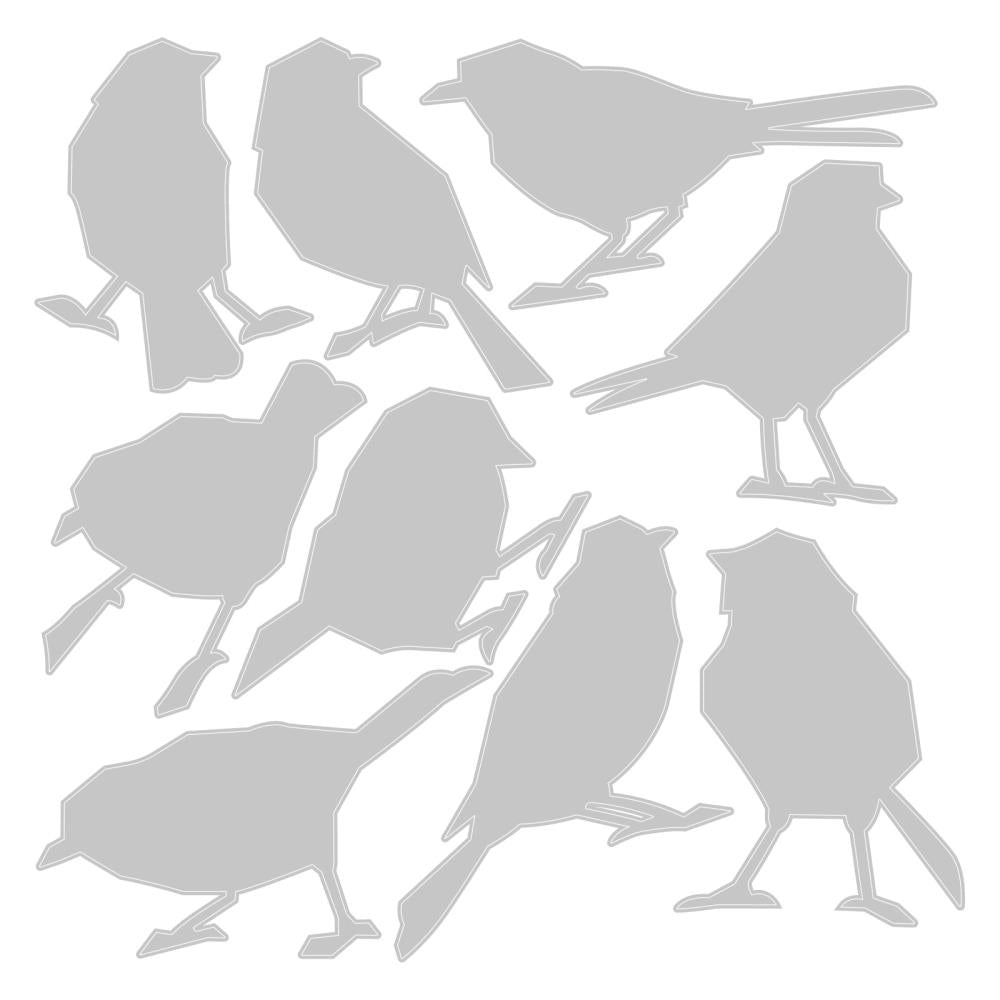 Silhouette Birds ... Thinlits Die Cutting Templates by Tim Holtz, made by Sizzix (no.665861). These designs cut out nine bird silhouettes in the garden variety, like sparrows, spoggies, finches, starlings, blackbirds.

This beautiful flock of birds are the perfect addition to greeting cards, tags, off the page displays, cards, scrapbook pages, art journaling, all kinds of visual arts and papercrafts - use wherever and however you wish. Have fun! Designs.