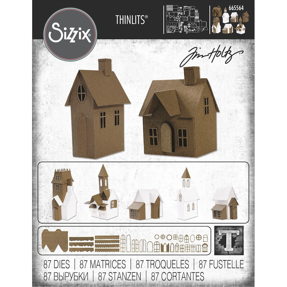Village Collection ... Thinlits - Die Cutting Templates by Tim Holtz and Sizzix (product id 665564). Imagine building a miniature row of buildings with all their features ease! Create the shape of a building and add steeples, windows, tiles, doors, chimneys, all with depth, colour variations and 3D elements without spending hours fussy cutting with scissors. Photo of the package.