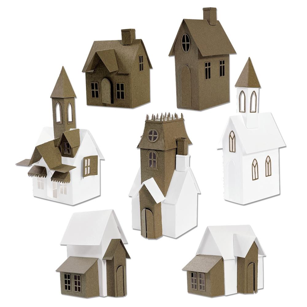 Village Collection ... Thinlits - Die Cutting Templates by Tim Holtz and Sizzix (product id 665564). Imagine building a miniature row of buildings with all their features ease! Create the shape of a building and add steeples, windows, tiles, doors, chimneys, all with depth, colour variations and 3D elements without spending hours fussy cutting with scissors. Photo of examples of buildings.