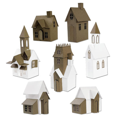 Village Collection ... Thinlits - Die Cutting Templates by Tim Holtz and Sizzix (product id 665564). Imagine building a miniature row of buildings with all their features ease! Create the shape of a building and add steeples, windows, tiles, doors, chimneys, all with depth, colour variations and 3D elements without spending hours fussy cutting with scissors. Photo of examples of buildings.