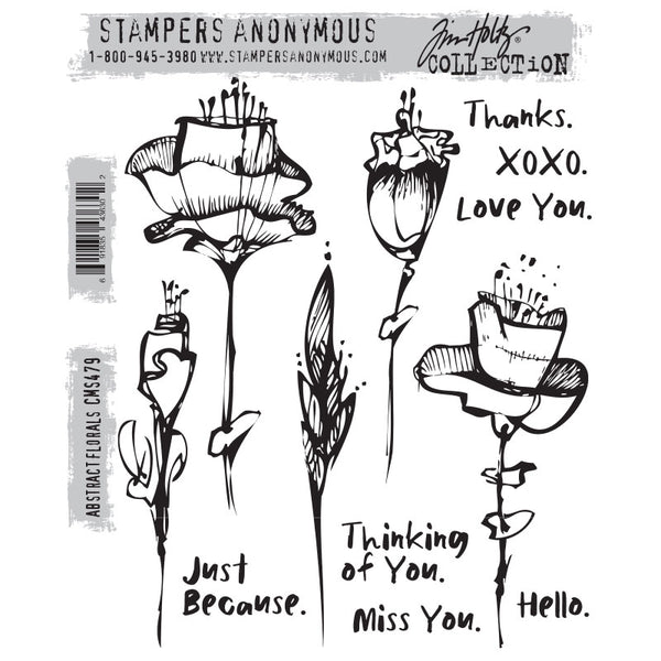 Abstract Florals ... by Tim Holtz and Stampers Anonymous (cms479). Beautiful long stemmed flowers with meaningful sayings. Set includes 12 (twelve) designs for creating journal pages, scrapbooking, art, cards, tags, mixed media, visual arts and papercrafts. This wonderful collection has five long stemmed flowers drawn with organic inky lines, etched shading and a few spatters, plus seven messages in a loose handwritten inky style. 