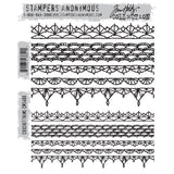 Crochet Trims ... by Tim Holtz and Stampers Anonymous (cms480). Delicate and intricate realistic looking lace crochet edges. Set includes 10 (ten) designs for creating journal pages, scrapbooking, art, cards, tags, mixed media, visual arts and papercrafts. This wonderful collection of beautifully detailed crochet lacework edge patterns includes a variety of stitches, styles and widths.