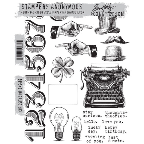 Curiosity Shop ... by Tim Holtz and Stampers Anonymous (cms482). Vintage engravings of curious elements, hands, hats, moustache, typewriter, greetings, light bulbs, clover, frame and a set of numbers. Set includes 27 (twenty seven) designs for creating journal pages, scrapbooking, art, cards, tags, mixed media, visual arts and papercrafts.
