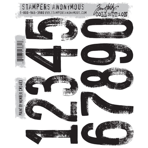 Paint by Number ... by Tim Holtz and Stampers Anonymous (cms483). Large numbers or numerals approx 3 inches tall, in a san serif bold condensed font with long brushstroke markings.  Set includes 10 (ten) designs for creating journal pages, scrapbooking, art, cards, tags, mixed media, visual arts and papercrafts.