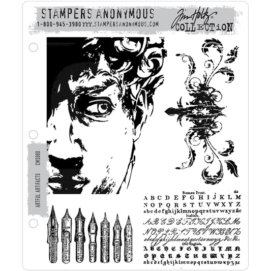 Artful Artifacts ... by Tim Holtz and Stampers Anonymous (cms080). Eclectic gathering of a face, beautiful distressed flourish, block of text in different typefaces, set of pen nibs. Set includes 4 (four) images for creating art, cards, tags, mixed media, journaling, visual arts and papercrafts.