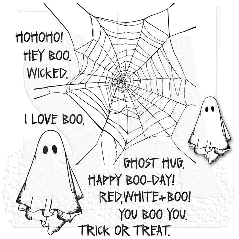 Boo Crazy ... red rubber stamp set by Tim Holtz and Stampers Anonymous (cms495). Spider web, Ghost and spooky sayings. Designs for creating junk journals, accordion booklets, ATCs and cards, journal pages, scrapbooking, art, postcards, tags, mixed media and other crafty papercrafts. 12 (twelve) designs. Set includes a friendly floating ghost, an extra smaller ghost, a large well crafted web (ready for your own bugs, spiders, flies, words) and 9 seasonal sayings. All designs shown.
