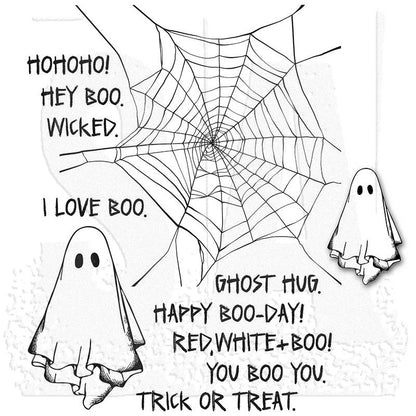 Boo Crazy ... red rubber stamp set by Tim Holtz and Stampers Anonymous (cms495). Spider web, Ghost and spooky sayings. Designs for creating junk journals, accordion booklets, ATCs and cards, journal pages, scrapbooking, art, postcards, tags, mixed media and other crafty papercrafts. 12 (twelve) designs. Set includes a friendly floating ghost, an extra smaller ghost, a large well crafted web (ready for your own bugs, spiders, flies, words) and 9 seasonal sayings. All designs shown.