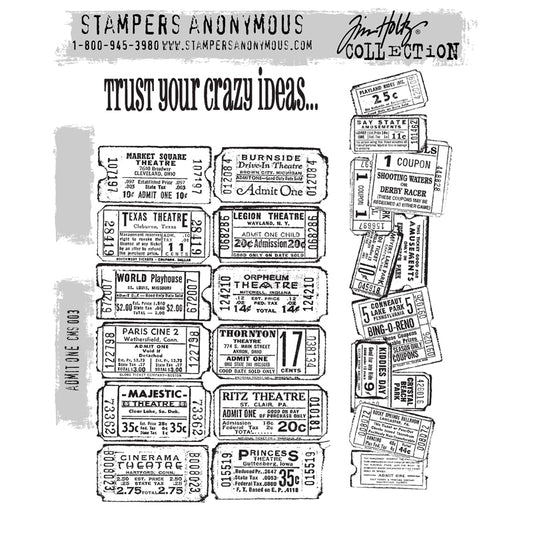 Admit One ... by Tim Holtz and Stampers Anonymous (cms003). Vintage imagery from long ago, featuring tickets and ticket-stubs from theatures, movies, cinemas and adventure parks with a wise quote. Set includes 3 (three) images for creating art, cards, tags, mixed media, journaling, visual arts and papercrafts. 
Tim Holtz Stamps 'Admid One' has a fantastic quote, a sheet of tickets from theatres and cinemas, and a stack of tickets from adventure parks (derby races, lakes, kids' days and more).