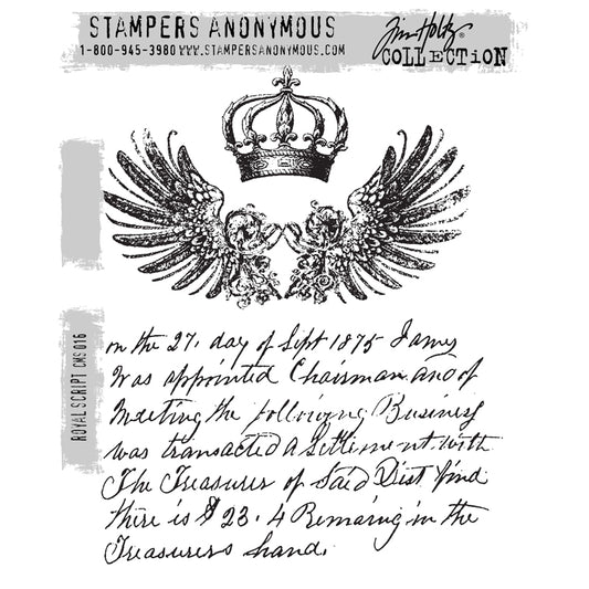 Royal Script ... by Tim Holtz and Stampers Anonymous (cms016). Vintage imagery featuring beautiful outstretched wings, a regal crown, a handwritten message.&nbsp;Set includes 3 (three) images for creating art, cards, tags, mixed media, journaling, visual arts and papercrafts. 

Tim Holtz Stamps 'Royal Script' includes a beautiful beautiful pair of outstretched feathery wings, regal crown with fleur du leys, and message from 27th day of Sept 1875 in wonderful handwriting.