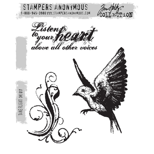 Take Flight ... by Tim Holtz and Stampers Anonymous (cms017). Vintage imagery featuring a heartfelt quote, flying bird and scroll-flourish. Set includes 3 (three) images for creating art, cards, tags, mixed media, journaling, visual arts and papercrafts. This set includes a bird in flight (wings outstretched, about to land or mid flap, with a pattern reminiscent of an old cracked statue), a distressed beautiful decoration (swirly flourish), and a wise quote in beautiful script.