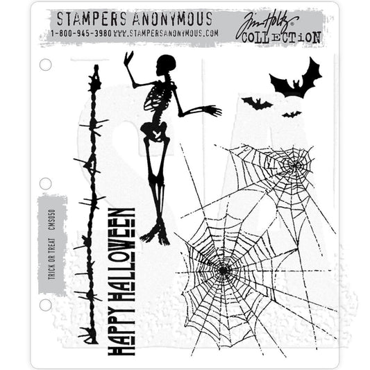 Trick or Treat ... red rubber stamp set by Tim Holtz and Stampers Anonymous (cms050). Spider web, posing skeleton, bats, barbed wire, message 'Happy Halloween'.&nbsp;Designs for creating junk journals, accordion booklets, ATCs and cards, journal pages, scrapbooking, art, postcards, tags, mixed media and other crafty papercrafts. 5 (five) designs. 