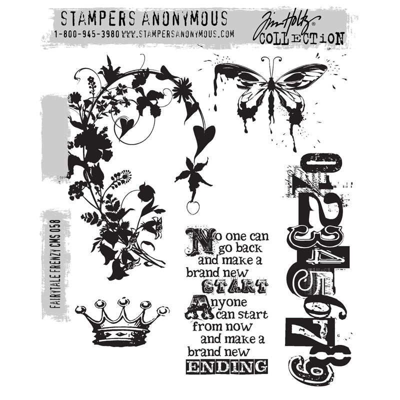Fairytale Frenzy ... by Tim Holtz - 5 (five) cling mounted rubber stamps by Stampers Anonymous (cms058). Beautiful hanging foliage, delicate butterfly, vintage crown, stylish row of numbers and a heartfelt quote - noone can go back and make a brand new start, anyone can start from now and make a brand new ending.