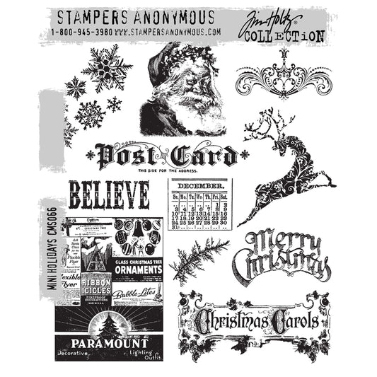 Mini Holidays ... by Tim Holtz and Stampers Anonymous (cms066). Selection of versatile red rubber stamps for mixed media, journaling, visual arts and papercrafts. Set of 11 (eleven) stamps.   Add these wonderful seasonal stamp designs by Tim Holtz to your next crafty project! This collection includes rustic snowflakes, leaping reindeer (with a beautiful silhouette design), poster for decorations, December calendar, and more. 