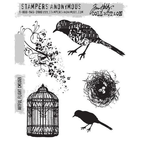 Artful Flight ... rubber stamps by Tim Holtz and Stampers Anonymous - a set of 5 (five) designs including birds, floral foliage, bird nest and birdcage (cms069).  These beautifully drawn stamps - 2 birds (one silhouette, a larger one decorated with music and flowers), sprig of florally flourishy foliage, a twiggy bird's nest viewed from above with 3 eggs and a birdcage (vintage wire with interesting wirework) - will make a fantastic addition to any artwork