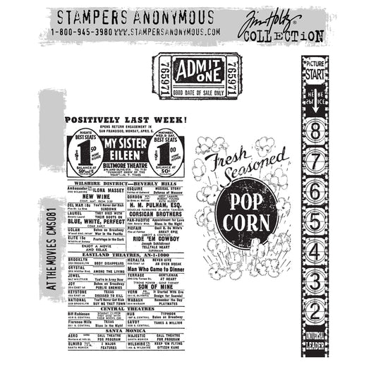 At the Movies ... by Tim Holtz and Stampers Anonymous (cms081). Vintage imagery from long ago, featuring movie timetable, ticket stub, strip of film and popcorn label. Set includes 4 (four) images for creating art, cards, tags, mixed media, The designs in this memorable set include a section from a newsprint advert (timetable of what's showing at the theatre), ticket for admit one, label from a box of freshly popped popcorn, strip of film from the beginning of a reel with 'picture start', arrow and numbers.