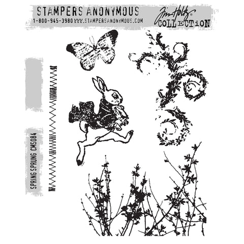 Spring Sprung ... by Tim Holtz and Stampers Anonymous (cms084). Set of versatile red rubber stamps for mixed media, journaling, visual arts and papercrafts. 5 (five) designs.   Add these wonderfully versatile stamp designs by Tim Holtz to your next adventure! This set includes a well dressed rabbit wearing a jacket is a length of zig zag stitching, collage butterfly, distressed leafy flourish and wildflowers.
