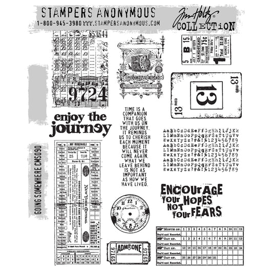 Going Somewhere ... by Tim Holtz and Stampers Anonymous (cms090). Selection of versatile red rubber stamps for mixed media, journaling, visual arts and papercrafts. Set of 11 (eleven) stamps.   Add these wonderfully stamp designs by Tim Holtz to your next adventure! This collection includes 3 (three) quotes, vintage labels and tickets, a "13 red" playing card, distressed clockface and old photo studio poster.