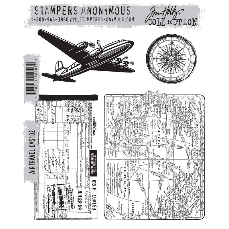 Air Travel ... by Tim Holtz and Stampers Anonymous (cms102). Set includes 4 (four) designs for creating postcards, travel logs, greeting cards, journal pages, scrapbooking, art, postcards, tags, mixed media, visual arts and papercrafts.

This set of Tim stamps features a vintage twin propellor driven aeroplane, an old compass so you don't lose your way, a map of the Pacific Ocean with islands, shipping routes, longitude and latitude lines, plus a well loved/used passenger airline ticket from June 22, 1959.