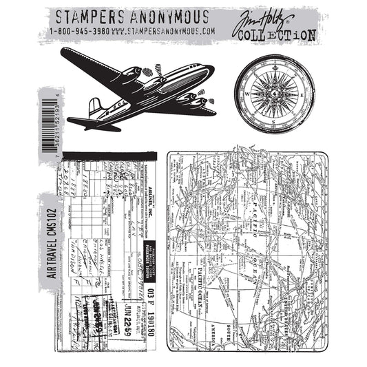 Air Travel ... by Tim Holtz and Stampers Anonymous (cms102). Set includes 4 (four) designs for creating postcards, travel logs, greeting cards, journal pages, scrapbooking, art, postcards, tags, mixed media, visual arts and papercrafts.

This set of Tim stamps features a vintage twin propellor driven aeroplane, an old compass so you don't lose your way, a map of the Pacific Ocean with islands, shipping routes, longitude and latitude lines, plus a well loved/used passenger airline ticket from June 22, 1959.