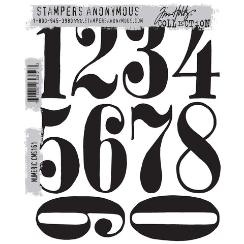 Numeric ... by Tim Holtz and Stampers Anonymous (cms161). 10 (ten) number rubber stamps, each approx 3" high, for mixed media, journaling, visual arts and papercrafts.   This set includes 10 large numbers, 0 to 9 (one of each design), in the style of a traditional letterpress serif typeface (thick vertical and thin horizontal lines with round spots on some ends). A classic font for a wide variety of ideas.