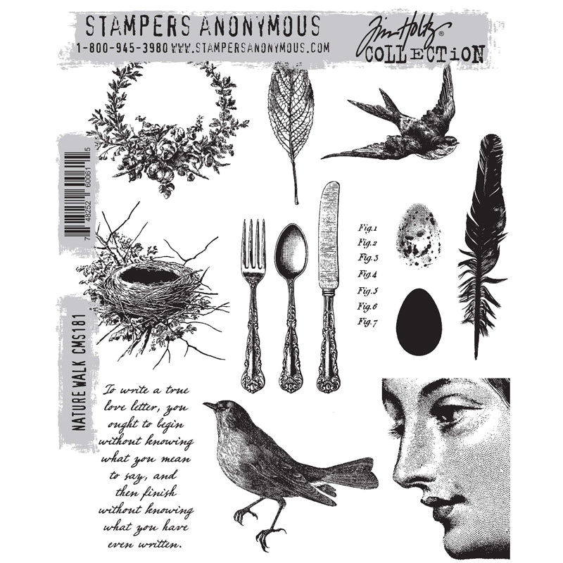 Nature Walk ... by Tim Holtz and Stampers Anonymous (cms181). Vintage illustrations featuring engravings of feathered friends, a bird nest, eggs, label, feather, face, cutlery, leaf, floral wreath and quote. Set includes 12 (twelve) images for creating art, cards, tags, mixed media, journaling, visual arts and papercrafts. 
Tim Holtz Stamps 'Nature Walk' has nature themed designs with a wise quote in a handwritten script.