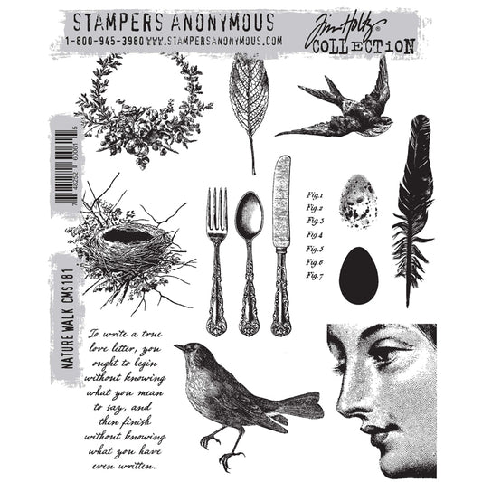 Nature Walk ... by Tim Holtz and Stampers Anonymous (cms181). Vintage illustrations featuring engravings of feathered friends, a bird nest, eggs, label, feather, face, cutlery, leaf, floral wreath and quote. Set includes 12 (twelve) images for creating art, cards, tags, mixed media, journaling, visual arts and papercrafts. 
Tim Holtz Stamps 'Nature Walk' has nature themed designs with a wise quote in a handwritten script.