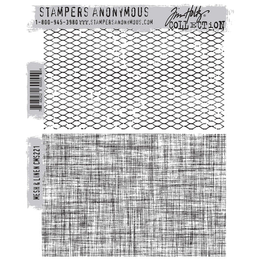 Mesh and Linen ... by Tim Holtz and Stampers Anonymous (CMS221). 2 (two) backgrounds with versatile designs, red rubber stamps for mixed media, journaling, visual arts and papercrafts. This set features two different designs that can be used alone or together.
- Mesh ... this is a small gauge wavy pattern, inspired by a wire fencing.
- Linen ... beautifully rustic imagery with the texture of a natural evenweave, very fine linen fabric.
Both are 15cm x 10cm (6" x 4") in size.