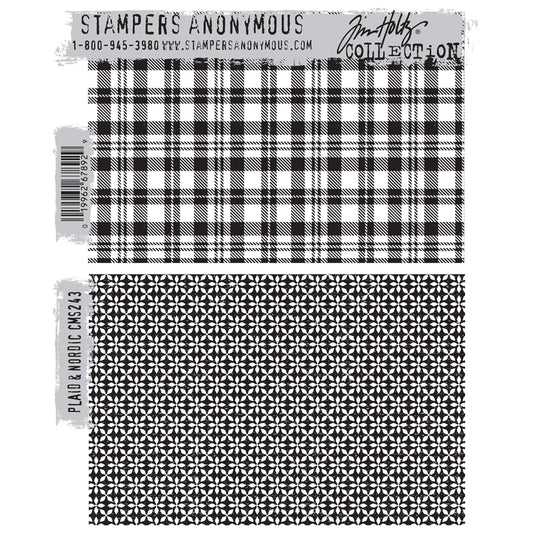 Plaid and Nordic ... by Tim Holtz and Stampers Anonymous (CMS243). 2 (two) red rubber stamps mounted with cling foam, to use for creating art, scrapbooking, cardmaking, mixed media, journaling, visual arts and papercrafts. - Plaid ... a wonderful fabric inspired pattern made up of lines and squares. - Nordic ... a background made of tiny beautiful 4-petalled flowers or stars, set out over the whole area in alternate rows and angles.