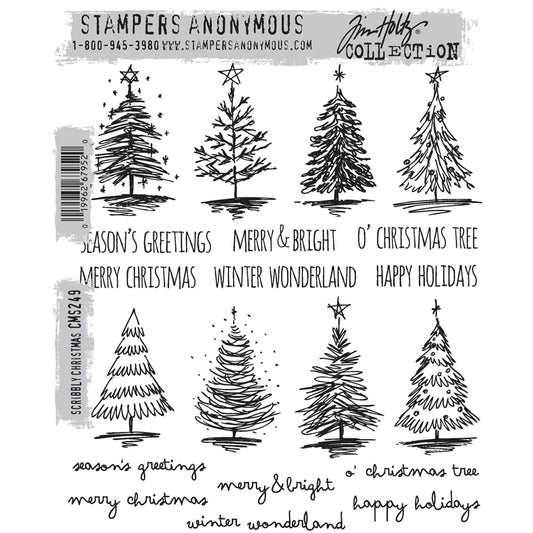 Scribbly Christmas ... rubber stamp set by Tim Holtz and Stampers Anonymous (cms249) - 20 (twenty) designs featuring 8 beautiful pine trees and 12 wonderful messages in two font styles. Grow a scribbly forest of pine trees with these 8 unique designs (some with stars or speckles) and 12 seasonal sayings. Throw on some stardust (aka glitter glue), add mica flakes or use white gesso for snow! Grow Christmas and pine trees your way and enjoy every moment!