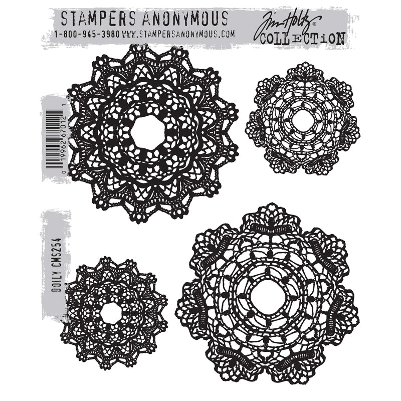 Doily ... by Tim Holtz and Stampers Anonymous (CMS254). Four beautiful vintage illustrations of lace doilies in two sizes. Set includes 4 (four) rubber stamps for creating art, cards, tags, mixed media, journaling, visual arts and papercrafts. Tim Holtz Stamps 'Doily' includes four designs in large and small of vintage lace doilies, round delicate patterns stitched in a detailed crochet or needlelace. Stamp set no. CMS254, made by Stampers Anonymous (Art Gone Wild).