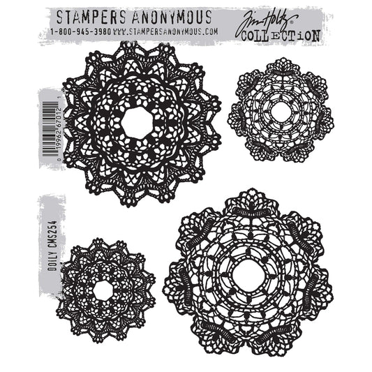 Doily ... by Tim Holtz and Stampers Anonymous (CMS254). Four beautiful vintage illustrations of lace doilies in two sizes. Set includes 4 (four) rubber stamps for creating art, cards, tags, mixed media, journaling, visual arts and papercrafts. Tim Holtz Stamps 'Doily' includes four designs in large and small of vintage lace doilies, round delicate patterns stitched in a detailed crochet or needlelace. Stamp set no. CMS254, made by Stampers Anonymous (Art Gone Wild).