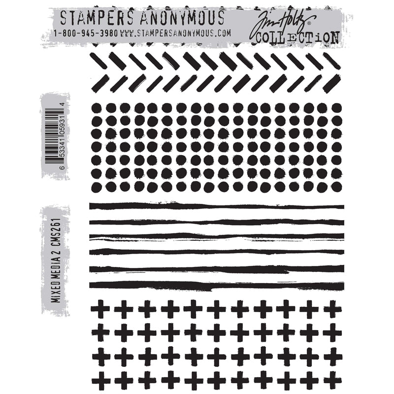 Mixed Media (no.2) &nbsp;... 4 (four) cling foam mounted, red rubber stamps by Tim Holtz and Stampers Anonymous (CMS261). A wonderful set of vintage patterns for edges, backgrounds, filling in areas and making lots of art. Designs include angled dashes (like zig zags with short stripes), organic spots (dots, holes, circles, rounds about 5mm in size), inky strips 2mm to 4mm thick, rows of crosses or plus signs 8mm-9mm in size. Sizes (approx) : each design is 5 1/4" to 5 1/2" long.