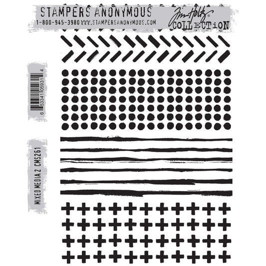 Mixed Media (no.2) &nbsp;... 4 (four) cling foam mounted, red rubber stamps by Tim Holtz and Stampers Anonymous (CMS261). A wonderful set of vintage patterns for edges, backgrounds, filling in areas and making lots of art. Designs include angled dashes (like zig zags with short stripes), organic spots (dots, holes, circles, rounds about 5mm in size), inky strips 2mm to 4mm thick, rows of crosses or plus signs 8mm-9mm in size. Sizes (approx) : each design is 5 1/4" to 5 1/2" long.