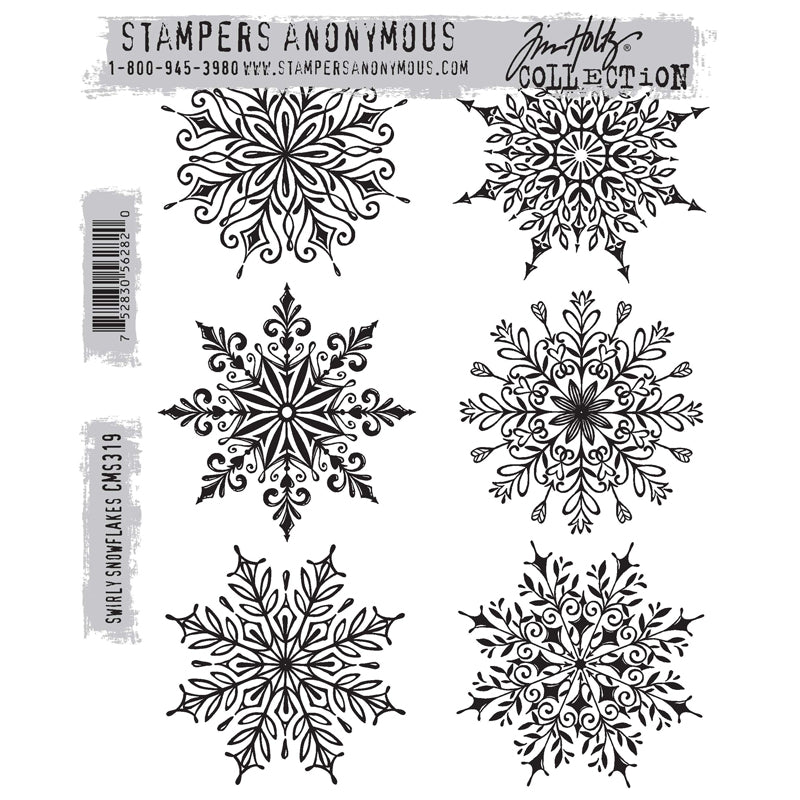 Swirly Snowflakes ... by Tim Holtz and Stampers Anonymous (cms319). Set includes 6 (six) designs etched in red rubber, backed in cling foam, to use on greeting cards, journal pages, scrapbooking, postcards, tags, mixed media, visual arts and junk journals. Six original designs of snow flakes in delicate and intricate patterns. Perfect for backgrounds, featured elements, using with embossing powders or shimmer paints, creating snowy Wintery themes, sparkly Christmas themes. Sizes 2.5"x2.5" to 2.75"x2.75". 