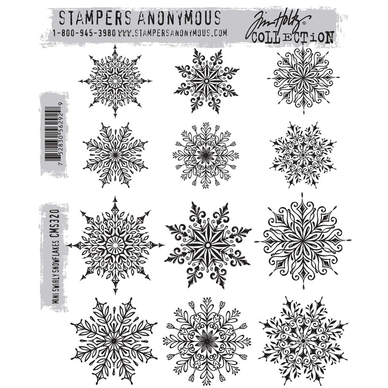 Swirly Snowflakes ... by Tim Holtz and Stampers Anonymous (cms320). Set includes 6 designs in 2 sizes, etched in red rubber, backed in cling foam, to use on greeting cards, journal pages, scrapbooking, postcards, tags, mixed media, visual arts and junk journals. 12 stamp designs of snow flakes in delicate and intricate patterns. Perfect for backgrounds, featured elements, using with embossing powders or shimmer paints, creating snowy Wintery themes, sparkly Christmas themes. Sizes 1.5"x1.5" to 2"x2".