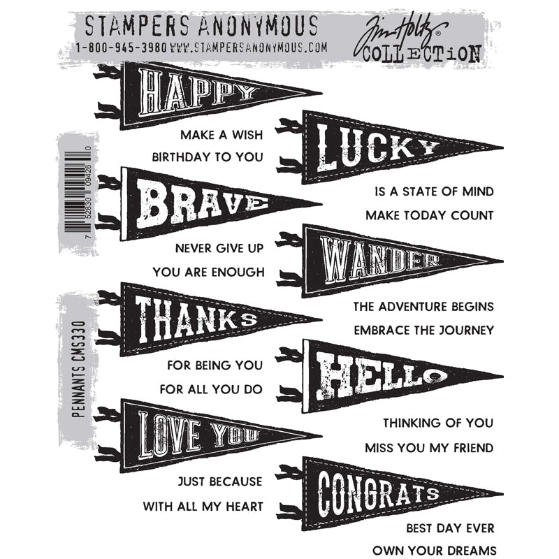 Pennants ... by Tim Holtz and Stampers Anonymous (CMS330). 24 (twenty four) designs of flags and messages, made of red rubber stamps for mixed media, journaling, visual arts and papercrafts.
Add a wonderful vintage inspired triangular shaped pennant flag with ribbons to your next greeting card, ATC, memory keeping album (scrapbook page), journal, altered book or junk journal. Each of the 8 (eight) flags has a featured word and a pair of phrases. 
