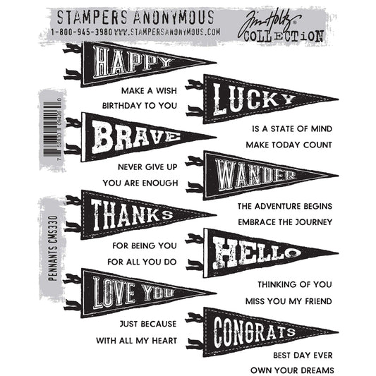 Pennants ... by Tim Holtz and Stampers Anonymous (CMS330). 24 (twenty four) designs of flags and messages, made of red rubber stamps for mixed media, journaling, visual arts and papercrafts.
Add a wonderful vintage inspired triangular shaped pennant flag with ribbons to your next greeting card, ATC, memory keeping album (scrapbook page), journal, altered book or junk journal. Each of the 8 (eight) flags has a featured word and a pair of phrases. 