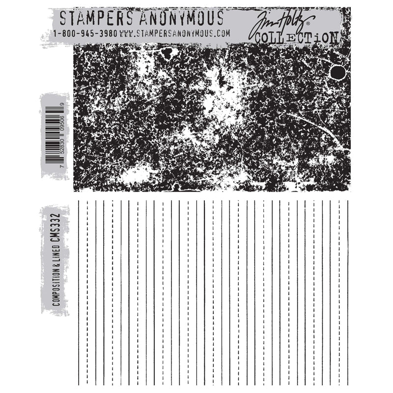 Composition and Lined, cms332 - Tim Holtz Stamp Set by Stampers Anonymous. Deeply etched designs made of red rubber mounted on grey cling foam. Both are 15cm x 10cm (6" x 4") in size. Ideal for papercrafts, journaling, junk journals, bookmaking, note paper making, scrapbooking and other stationery or craft papercraft projects.